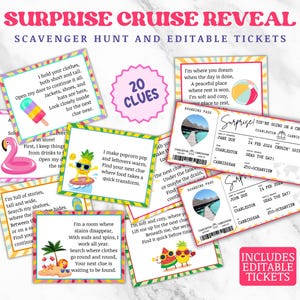 Croisière surprise, chasse au trésor et carte d'embarquement modifiable, révélation de vacances en croisière surprise en famille, découverte de voyage surprise, chasse au trésor pour enfants