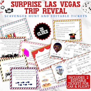 Surprise Trip Reveal to Las Vegas Scavenger Hunt, Vegas Personalized Ticket, Editable Boarding Pass, Road Trip Reveal Treasure Hunt Clues