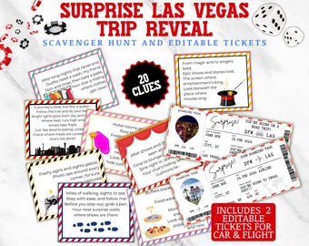 Surprise Trip Reveal to Las Vegas Scavenger Hunt, Vegas Personalized Ticket, Editable Boarding Pass, Road Trip Reveal Treasure Hunt Clues