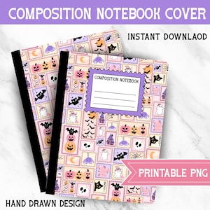 May include: Two composition notebooks with black spines and covers featuring a Halloween-themed stamp design. The stamps include pumpkins, ghosts, bats, and other spooky elements in shades of purple, orange, and black. The text "COMPOSITION NOTEBOOK COVER" and "HAND DRAWN DESIGN" are visible.