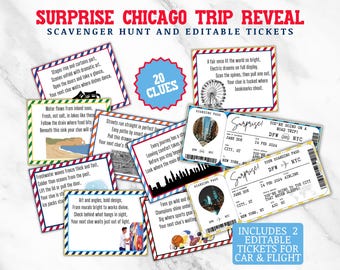 Surprise Trip Reveal to Chicago Scavenger Hunt, Chicago Personalized Ticket, Editable Boarding Pass, Road Trip Reveal Treasure Hunt Clues