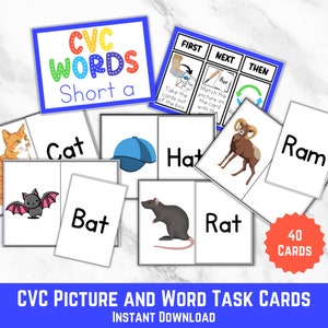 May include: Educational CVC picture and word task cards. The cards feature colorful illustrations of a cat, bat, hat, ram, and rat, with corresponding word labels. The set includes 40 cards and is an instant download.
