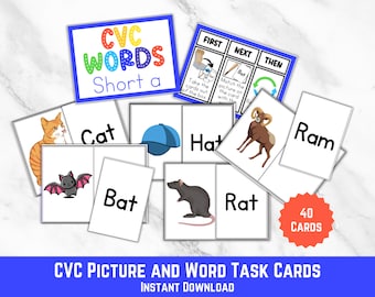 May include: Educational CVC picture and word task cards. The cards feature colorful illustrations of a cat, bat, hat, ram, and rat, with corresponding word labels. The set includes 40 cards and is an instant download.