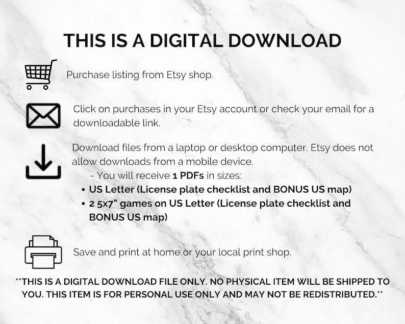 May include: Digital download information graphic with text: "THIS IS A DIGITAL DOWNLOAD." Instructions include purchasing from Etsy, downloading from a computer, and printing. Includes US Letter size options.