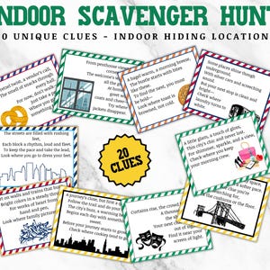 May include: Twenty colorful cards with green borders and yellow and white stripes. Each card has a different clue for an indoor scavenger hunt. The clues are written in a fun, rhyming style. The cards feature images of pretzels, cityscapes, bagels, and a subway train.