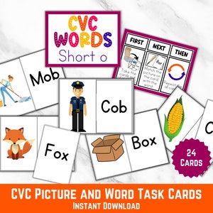 Short O Vowel CVC Picture Match: Phonics Task Cards (pdf)