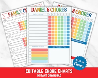 Chore Chart, Editable Daily & Weekly Kids Chore Responsibility Chart, Editable chore chart for multiple kids, Custom Chore List for Summer