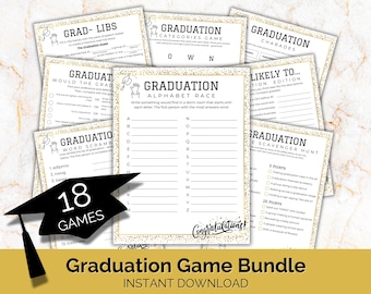 May include: A collection of 18 graduation party games, including charades, scavenger hunts, and word scrambles. The games feature a gold and white design with black text. The words "Graduation Game Bundle" and "Instant Download" are also visible.
