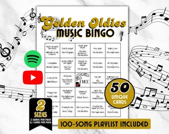 Golden Oldies Music Bingo, Senior Games, 50s Retro Bingo, 60s Bingo, Oldies Song Along Bingo, Music Bingo Playlist, 50s and 60s Classics