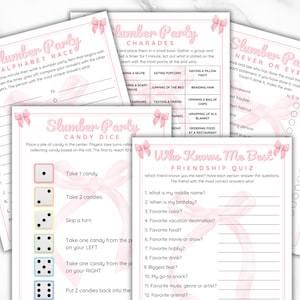 May include: A set of printable slumber party games with pink and white designs. The games include alphabet race, charades, candy dice, never have I ever, and who knows me best.