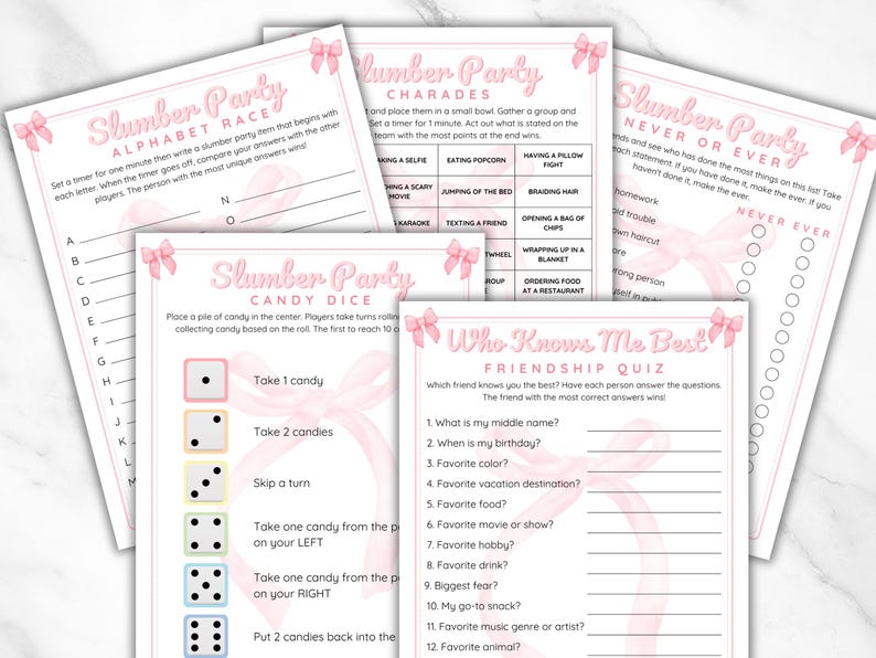 May include: A set of printable slumber party games with pink and white designs. The games include alphabet race, charades, candy dice, never have I ever, and who knows me best.
