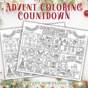 Countdown to Christmas Activity, Printable Coloring Advent Calendar, Kids Fun Christmas Countdown,  Holiday Activity, 25 Days of Christmas