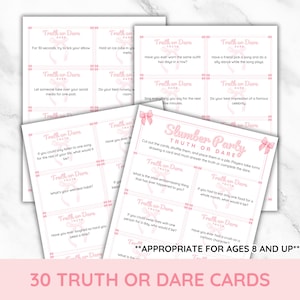 May include: Thirty pink and white truth or dare cards with a pink bow and the text "Slumber Party Truth or Dare" on the front. The cards are designed for ages 8 and up.