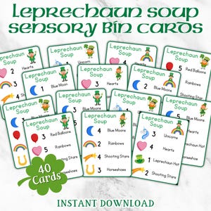 May include: A collection of 40 sensory bin cards with the text "Leprechaun Soup" and various St. Patrick's Day themed images. Each card features a leprechaun illustration, along with images of hearts, rainbows, and horseshoes. The words "Instant Download" are also visible.