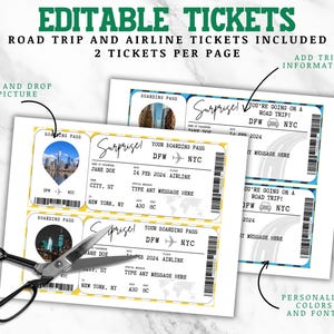 May include: Editable printable tickets for a road trip or airline trip. The tickets are designed with a yellow and white checkered pattern and feature a surprise message. The text on the tickets reads "Surprise! You're going on a road trip! DFW NYC 2024".