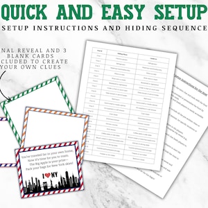 May include: A printable scavenger hunt game with a New York City theme. The game includes instructions, a list of clues, and three blank cards for creating custom clues. The final reveal card features a red heart with the letters NY inside and a skyline of New York City.