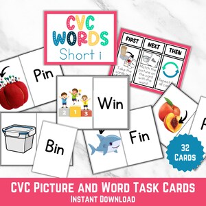 Short I Vowel CVC Picture Match Task Cards: Phonics Game (PDF)