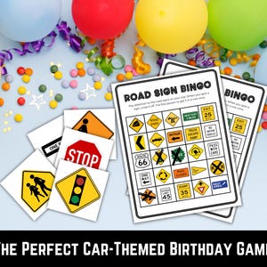 K&ouml;nnte beinhalten: Road-Sign-Bingo-Spiel mit verschiedenen Stra&szlig;enschildkarten und Bingokarten. Das Spiel beinhaltet ein Stoppschild, eine Ampel und andere Stra&szlig;enschilder. Bunte Luftballons und Konfetti befinden sich im Hintergrund. Der Text unten lautet "THE PERFECT CAR-THEMED BIRTHDAY GAME."