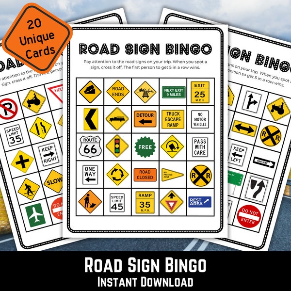 Road Sign Bingo Printable, Road Trip Bingo, Kids Road Trip Games, Travel Activity, Road Trip Activity Printables, Printable Games, Car Games