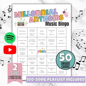 May include: A Millennial Anthems Music Bingo game card with a colorful design. The card features song titles and artist names, with a boombox and music notes. Includes 50 unique cards and a 100-song playlist.