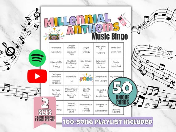 Millennial Anthems Music Bingo, Millennium 2000s Songs Music Bingo, Ladies Night Out Games, 90s Nostalgia Mixtape Bingo, Y2K Bingo Game