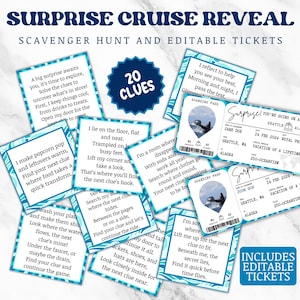 Croisière surprise, chasse au trésor et carte d'embarquement modifiable, révélation de vacances en croisière surprise en famille, découverte de voyage surprise, chasse au trésor pour enfants