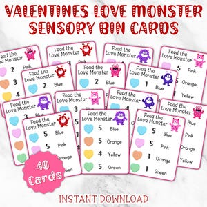 May include: A collection of Valentine's Day sensory bin cards. Each card features a colorful monster illustration and prompts like "Feed the Love Monster." The cards have heart-shaped graphics and color-coded numbers. The text "40 Cards" is visible.