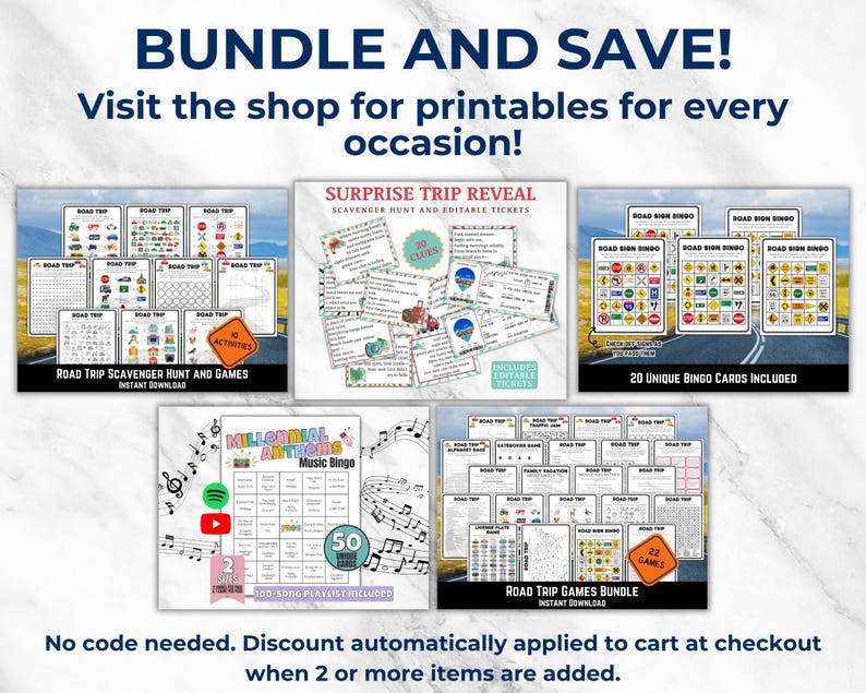 May include: A promotional image with the text "BUNDLE AND SAVE!" and "Visit the shop for printables for every occasion!" Several printable game bundles are displayed, including road trip scavenger hunts, bingo, and music bingo. The image promotes a discount.