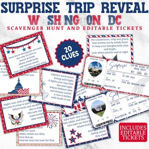 Chasse au trésor découverte à Washington DC, billet personnalisé, carte d'embarquement modifiable, découverte des indices de chasse au trésor sur la route