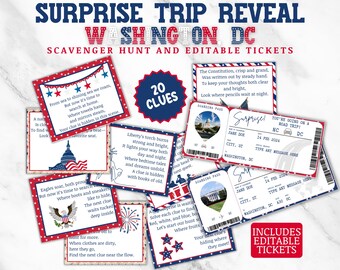 Surprise Trip Reveal to Washington DC Scavenger Hunt, Personalized Ticket, Editable Boarding Pass, Road Trip Reveal Treasure Hunt Clues