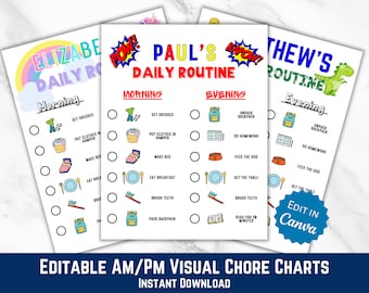 Editable Visual Chore Chart, Printable Chore Chart, Visual Schedule For Kids, Kid Daily Responsibility Chart, Kids Routine Chart, Chore List