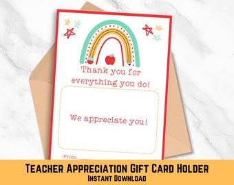 Teacher Appreciation Gift Card Holder, Teacher Thank You Gift, Printable Gift Card Holder, Teacher Gift, End of Year Teacher Gift
