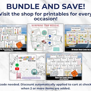 K&ouml;nnte beinhalten: Werbebild mit dem Text &bdquo;BUNDLE AND SAVE!&ldquo; und &bdquo;Besuchen Sie den Shop f&uuml;r Druckvorlagen f&uuml;r jeden Anlass!&ldquo;. Es werden verschiedene druckbare Spielpakete gezeigt, darunter eine Schnitzeljagd f&uuml;r Roadtrips, Bingo und Musik-Bingo. Das Bild wirbt f&uuml;r einen Rabatt.