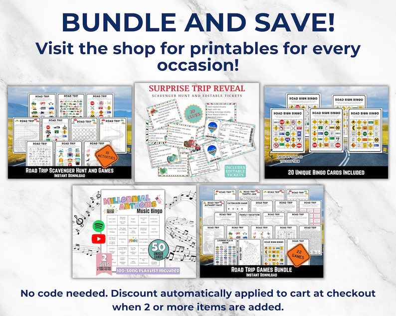 K&ouml;nnte beinhalten: Werbebild mit dem Text &bdquo;BUNDLE AND SAVE!&ldquo; und &bdquo;Besuchen Sie den Shop f&uuml;r Druckvorlagen f&uuml;r jeden Anlass!&ldquo;. Es werden verschiedene druckbare Spielpakete gezeigt, darunter eine Schnitzeljagd f&uuml;r Roadtrips, Bingo und Musik-Bingo. Das Bild wirbt f&uuml;r einen Rabatt.