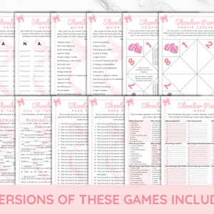 May include: A set of printable slumber party games for kids. The games include "Slumber Cate", "Slumber Quick", "Slumber Cootie Catcher", "Fill in the Blanks", "Pass the Prize", and "Slumber Party Mash".