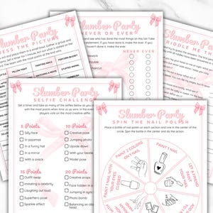 May include: A set of printable slumber party games with pink and white designs. The games include "Guess the Picture", "Never or Ever", "Riddle Me This", "Selfie Challenge", and "Spin the Nail Polish".