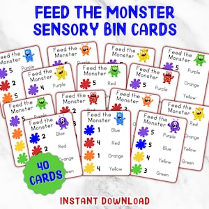 May include: A collection of sensory bin cards with the text "Feed the Monster" and colorful illustrations of monsters, stars, and numbers. The cards are designed for educational play, with colors and numbers. The words "40 CARDS" and "INSTANT DOWNLOAD" are also visible.