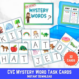 Juegos fonéticos de palabras misteriosas, actividades para aprender a leer, juego de sonidos iniciales, juegos fonéticos para jardín de infantes, caja de tareas fonéticas