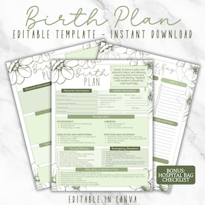 May include: A printable birth plan template with a green floral design. The template includes sections for personal information, environment, laboring, medication and monitoring, positions and movement, during delivery, after birth & newborn care, and emergency situations. It also includes a bonus hospital bag checklist.