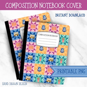 May include: Two composition notebook covers with a colorful patchwork design featuring school buses, backpacks, and ice cream cones. The covers have a white label for the notebook title and the text "Composition Notebook Cover", "Instant Download", "Printable PNG", and "Hand Drawn Design".