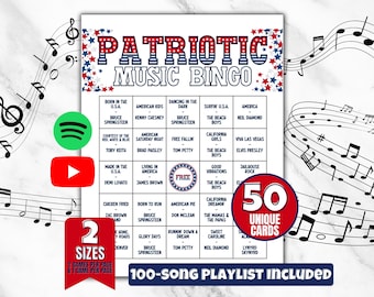 May include: A Patriotic Music Bingo game card featuring a red, white, and blue header with star accents. The grid contains song titles and artist names, a central free space, and icons for Spotify and YouTube. Includes a 50 unique cards badge.