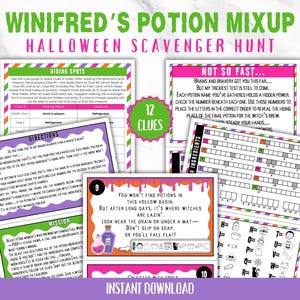 May include: A colorful Halloween scavenger hunt game with the text "Winifred's Potion Mixup". The game includes clues, riddles, and instructions for a fun Halloween activity. The design features potion bottles, spooky graphics, and the words "Instant Download".