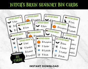 Tarjetas de actividades para el contenedor sensorial "Brebaje de bruja", juego sensorial imprimible de Halloween, kit para contenedor sensorial preescolar, mesa sensorial para el aprendizaje en casa