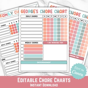 Chore Chart, Editable Daily & Weekly Kids Chore Responsibility Chart, Editable chore chart for multiple kids, Custom Chore List for Summer