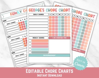 Chore Chart, Editable Daily & Weekly Kids Chore Responsibility Chart, Editable chore chart for multiple kids, Custom Chore List for Summer