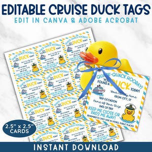 May include: A sheet of printable cruise duck tags with a yellow rubber duck. The tags are 2.5" x 2.5" and feature a cartoon duck wearing a captain's hat, a cruise ship graphic, and the text "Quack-Quack Hooray!" Instant download.