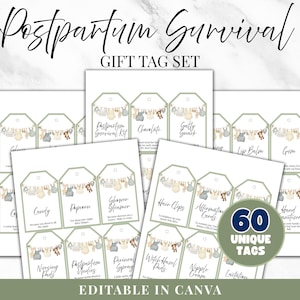 Puede incluir: Un conjunto de etiquetas de regalo con las palabras "Postpartum Survival" en una fuente de escritura. Las etiquetas están decoradas con ropa y juguetes para bebés. Las etiquetas incluyen el texto "60 Unique Tags" y "Editable in Canva".