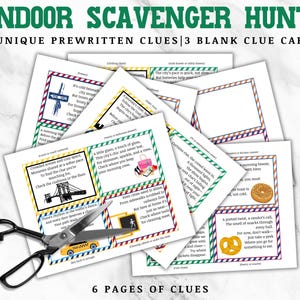 May include: A set of 20 printable scavenger hunt clue cards for an indoor game. The cards are colorful and feature various illustrations, including a bridge, a taxi, a pretzel, and a purse. The text on the cards includes clues for the game, such as "Check the curtains or the floor" and "Try where crackers disappear."