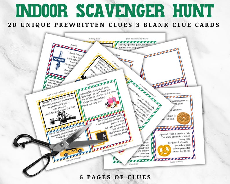 May include: A set of 20 printable scavenger hunt clue cards for an indoor game. The cards are colorful and feature various illustrations, including a bridge, a taxi, a pretzel, and a purse. The text on the cards includes clues for the game, such as "Check the curtains or the floor" and "Try where crackers disappear."