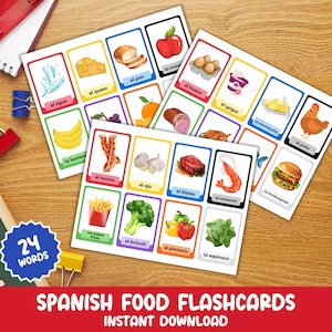 Carte flash imprimable sur les aliments en espagnol et en anglais, Comida Tarjetas Para Niños, Cartes-éclair bilingues sur l'alimentation Montessori, Cartes-éclair en espagnol pour les enfants